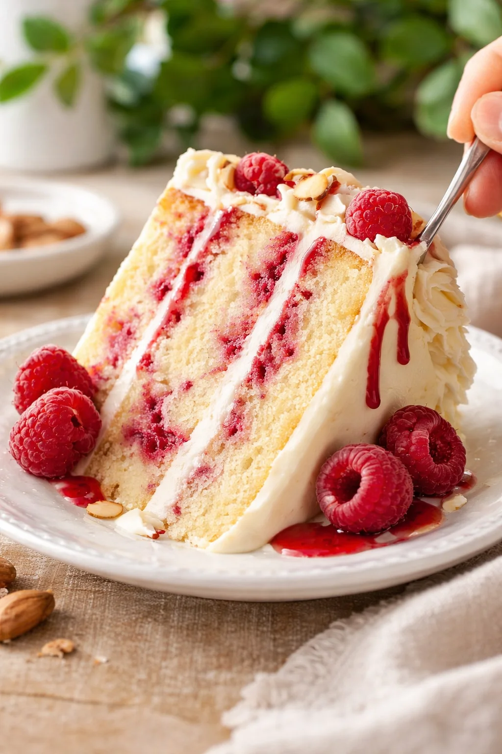 Slice of vanilla raspberry cake on a white plate with raspberries and almond toppings