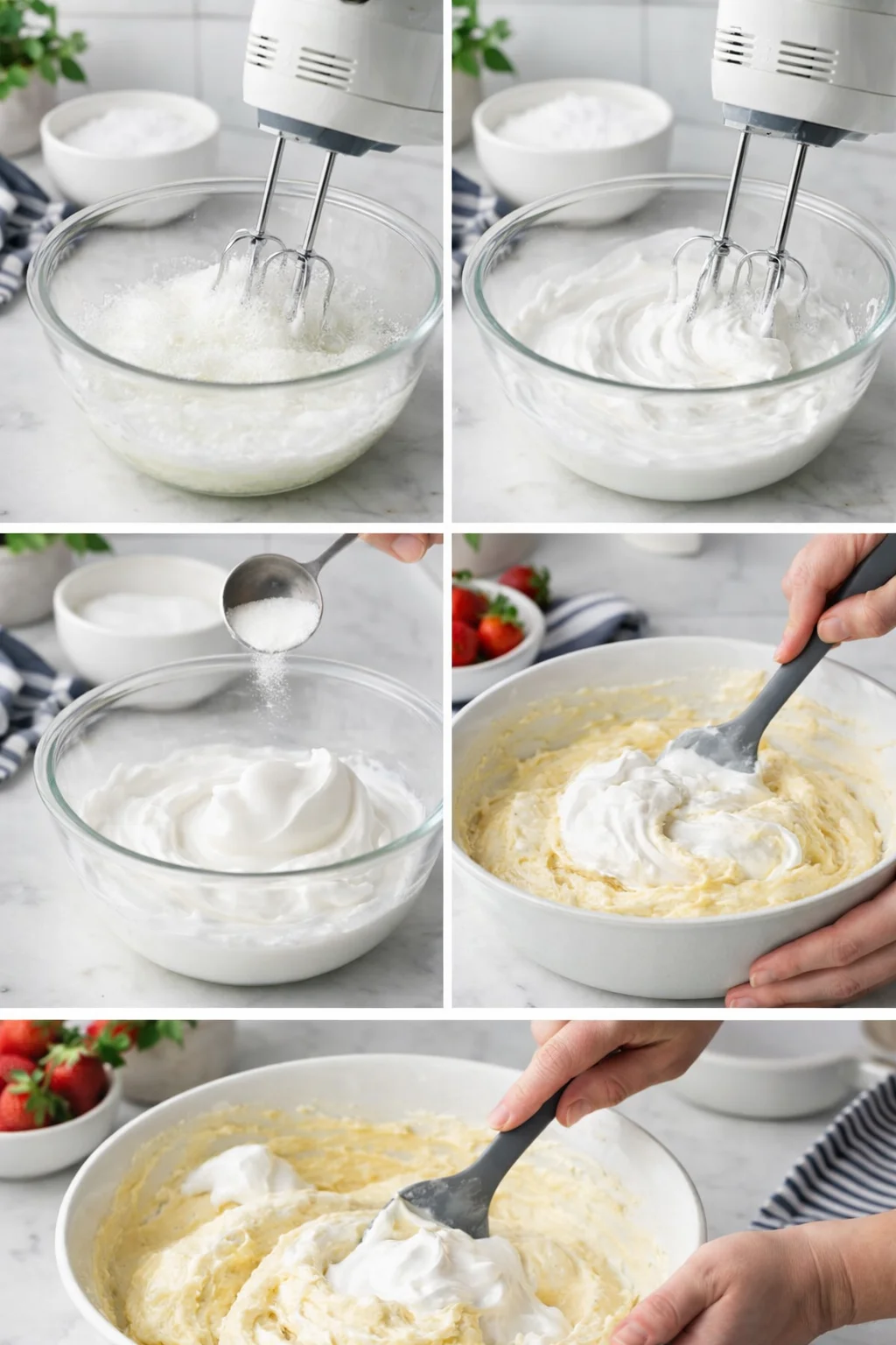 six-image collage showing a handheld mixer whipping whites, adding sugar, and folding whipped cream into pale batter.