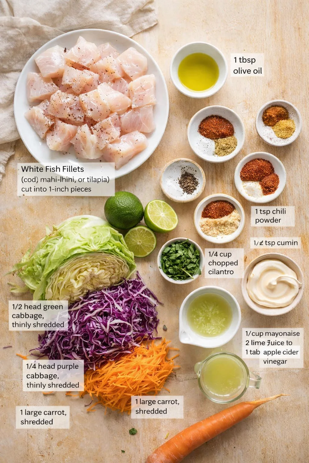 Top-down view of cubed white fish, shredded cabbage, carrots, limes, and spices on a wooden board.
