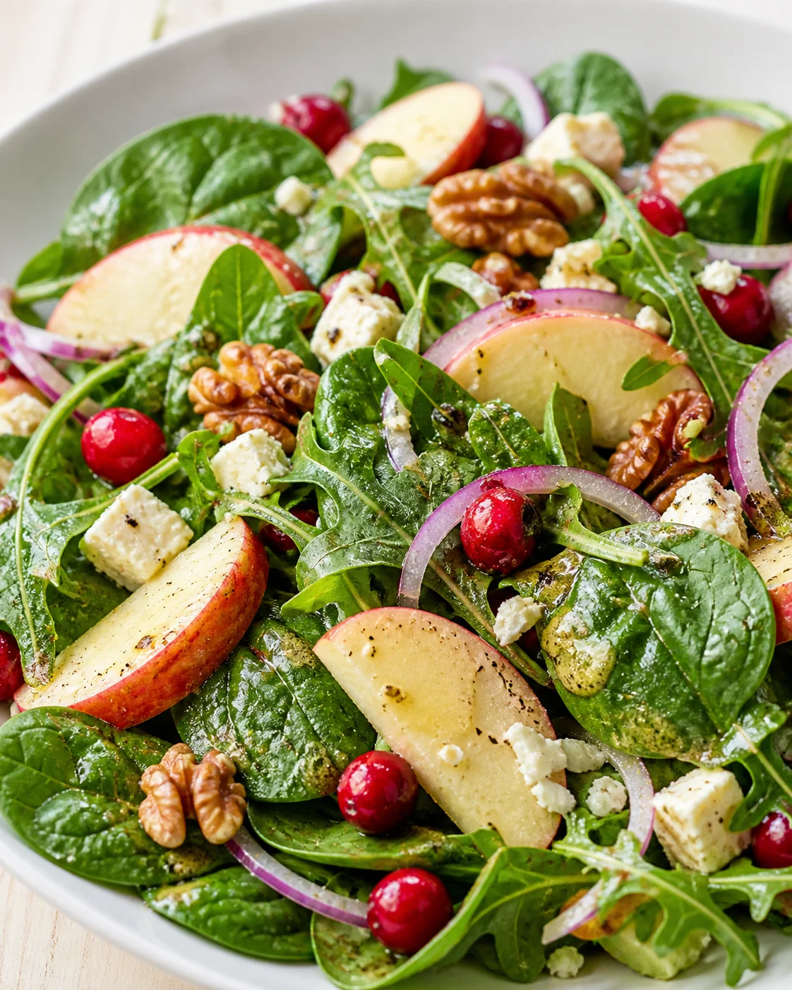 bowl of fresh spinach with apple slices, cranberries, red onion, feta, and walnuts.