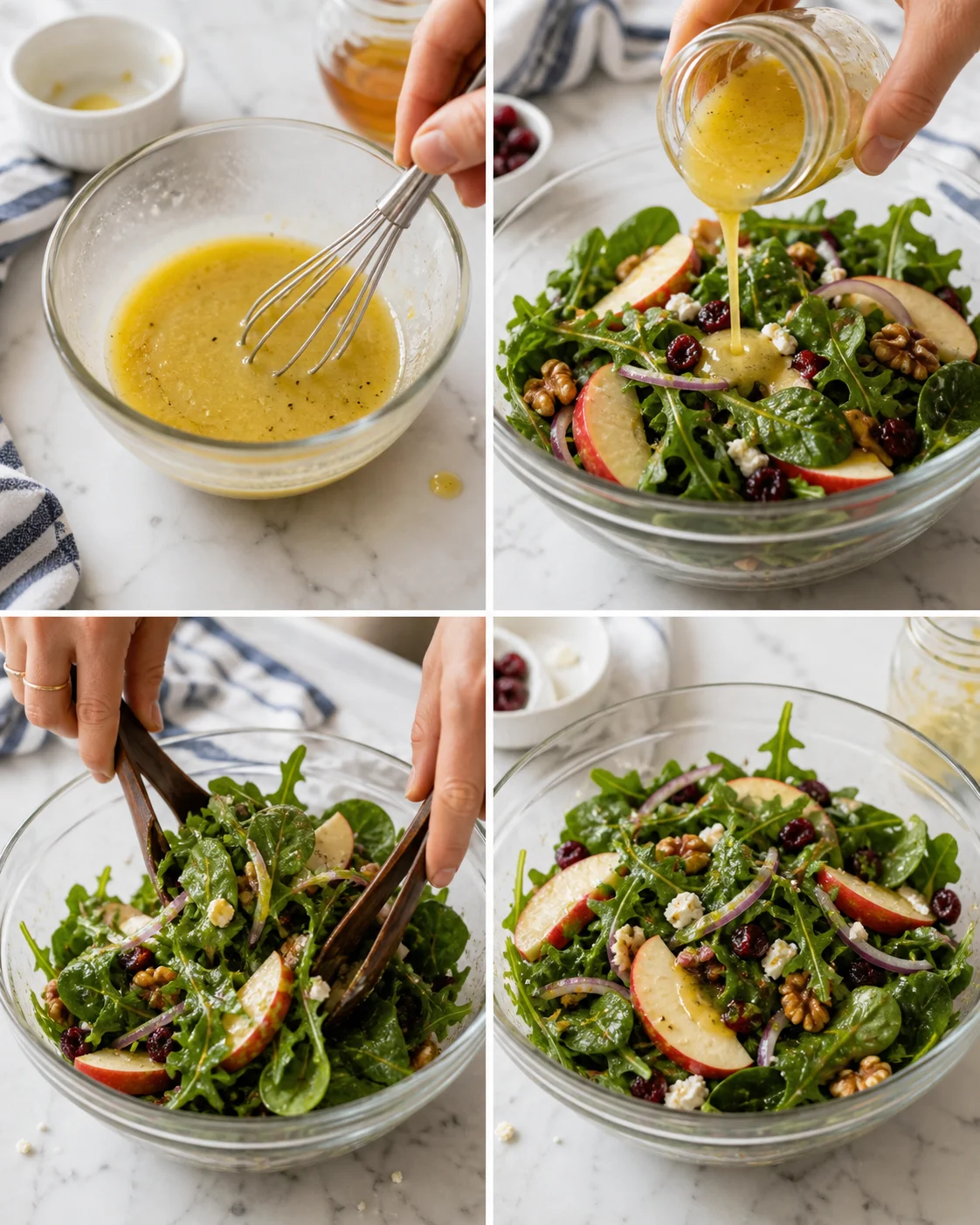 Collage showing a fresh arugula salad with apples, walnuts, cranberries, and red onion being dressed.