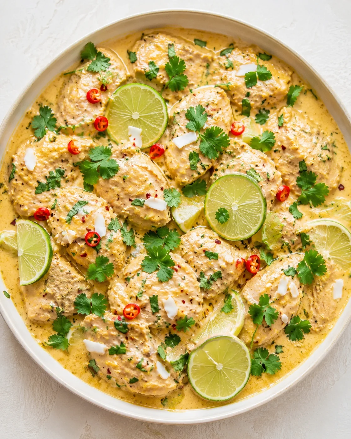 plump chicken in a creamy yellow curry, garnished with lime, cilantro, and red chilies.