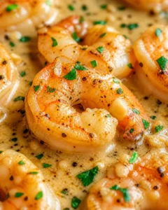 Close-up of shrimp in creamy garlic butter sauce, garnished with chopped parsley.