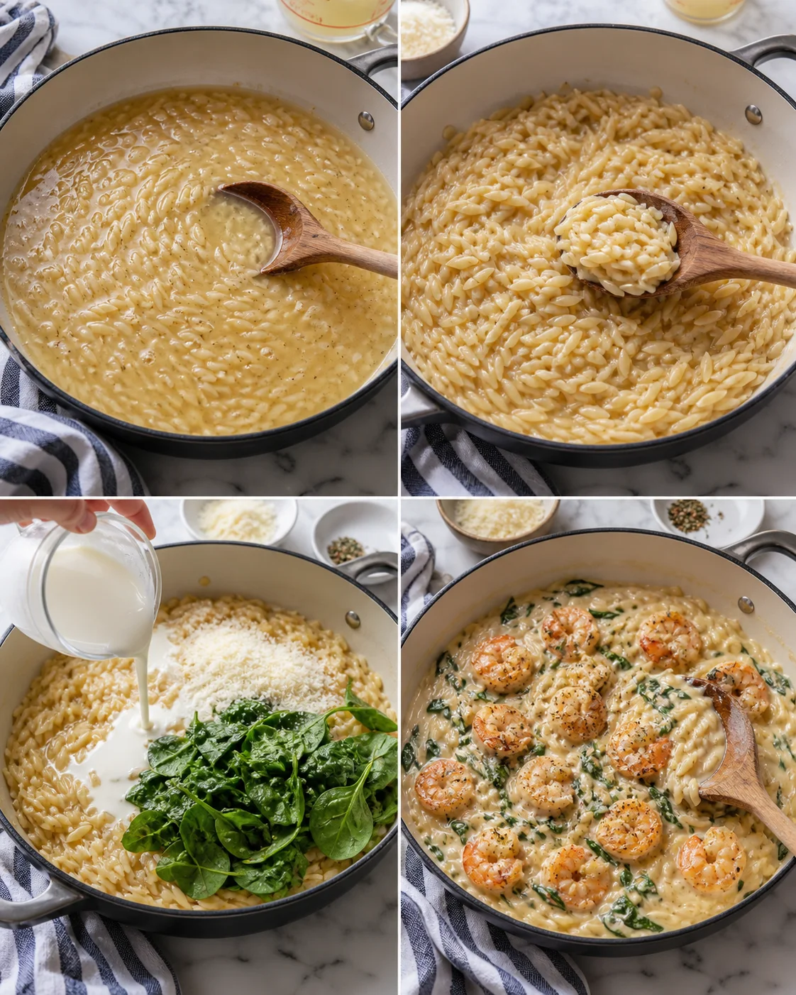 Four-panel collage showing steps to make creamy orzo with shrimp and spinach.