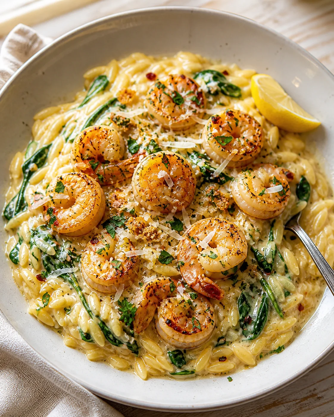 Creamy pasta with shrimp, spinach, parmesan, and lemon wedge on a pale bowl.