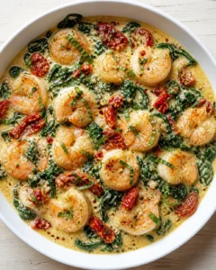 Plated shrimp in creamy sauce with spinach and sun-dried tomatoes in a white bowl.