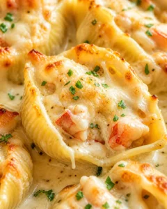 Close-up of creamy baked stuffed pasta shells with shrimp, melted cheese, and parsley