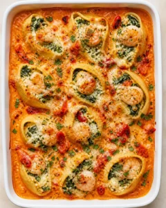baked pasta shells with shrimp and spinach in a creamy tomato sauce, garnished with herbs