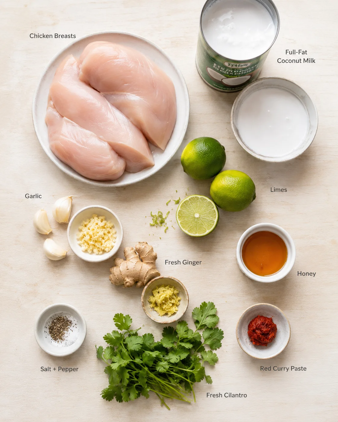 Overhead view of chicken, coconut milk, lime, garlic, ginger, cilantro, and curry ingredients.