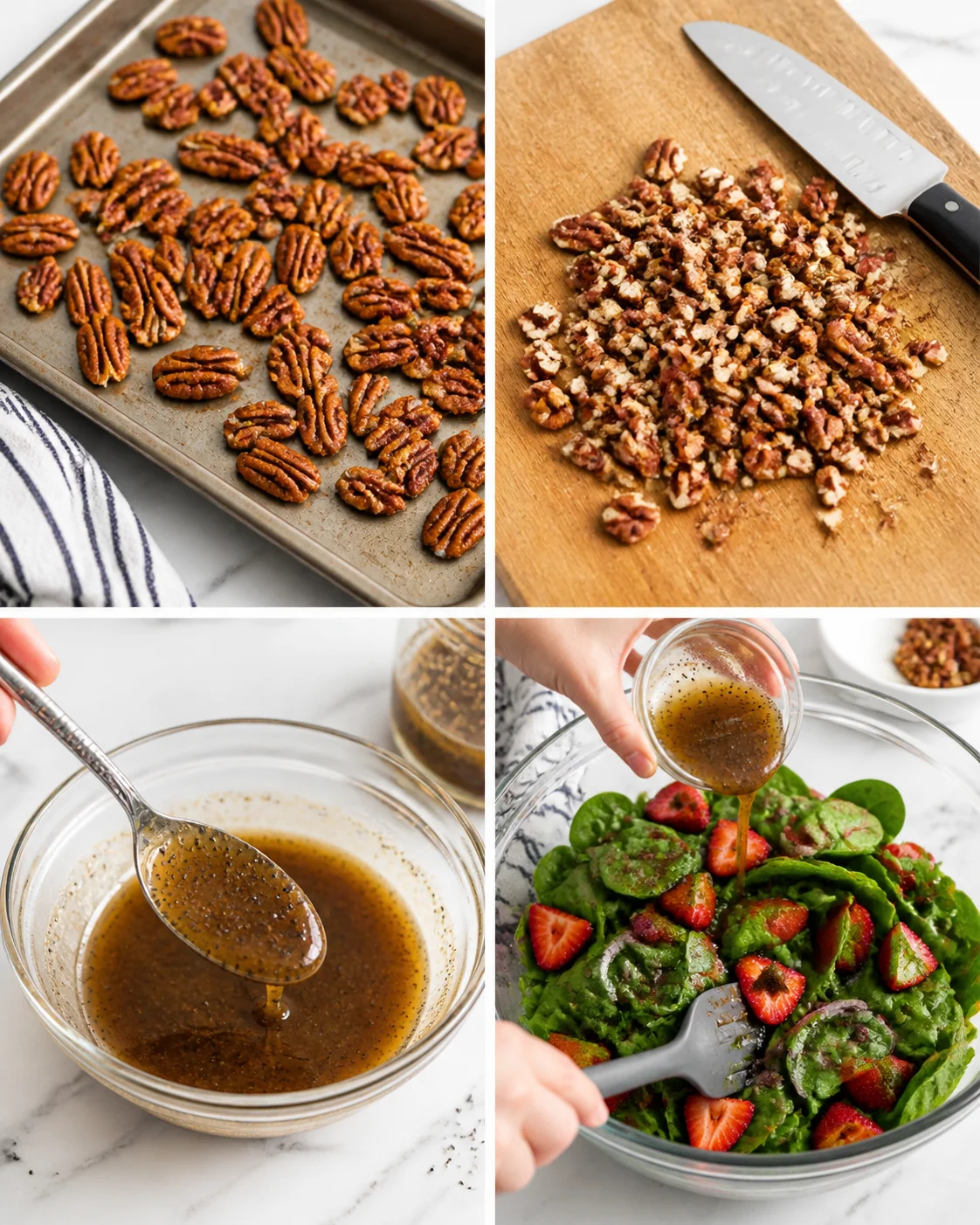 collage of toasted pecans, chopped nuts, vinaigrette, and strawberry-spinach salad.
