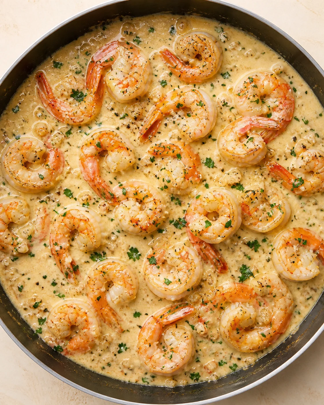 Shrimp curled in a creamy garlic-butter sauce in a skillet, topped with parsley.
