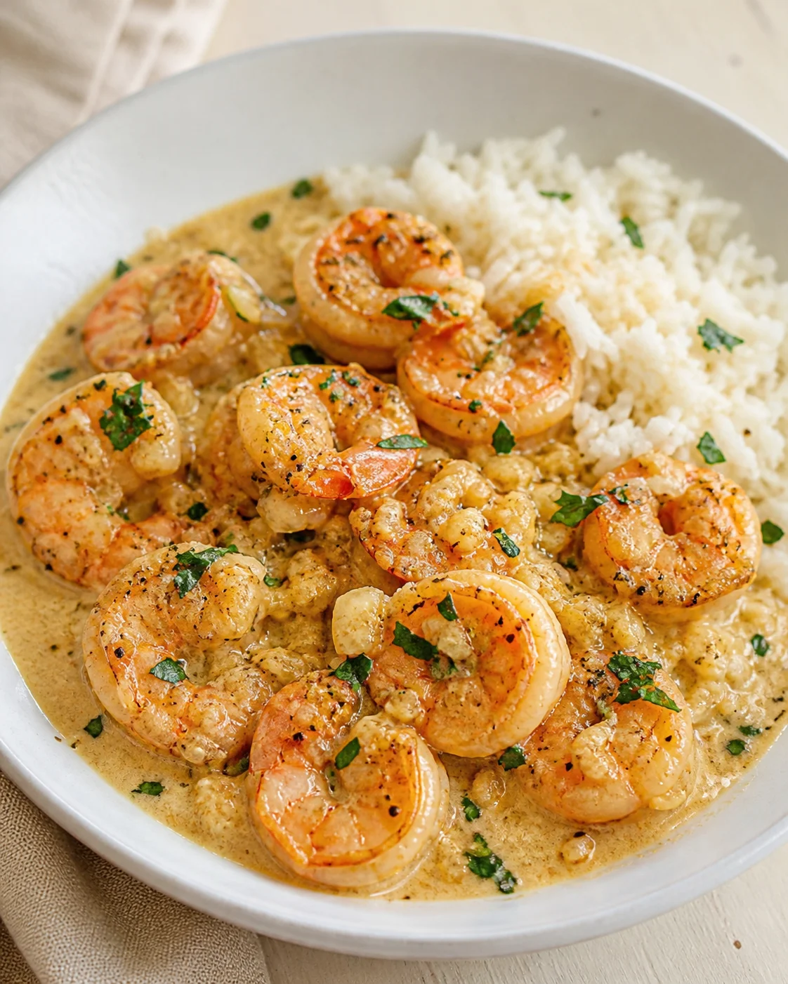 Shrimp in creamy sauce over white rice garnished with parsley in a white bowl.