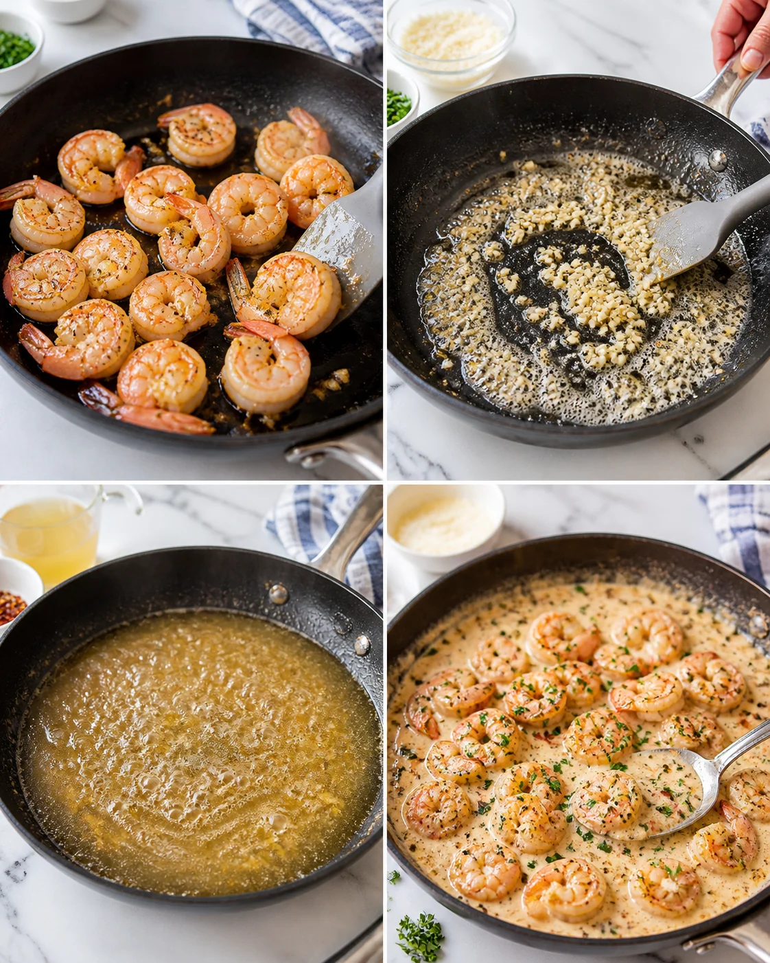 Collage showing shrimp in a skillet, garlic butter sauce, simmering reduction, and finished creamy shrimp dish.