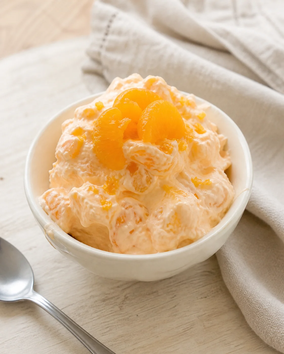 White bowl of peach-colored whipped cream topped with mandarin orange slices on a wooden table.