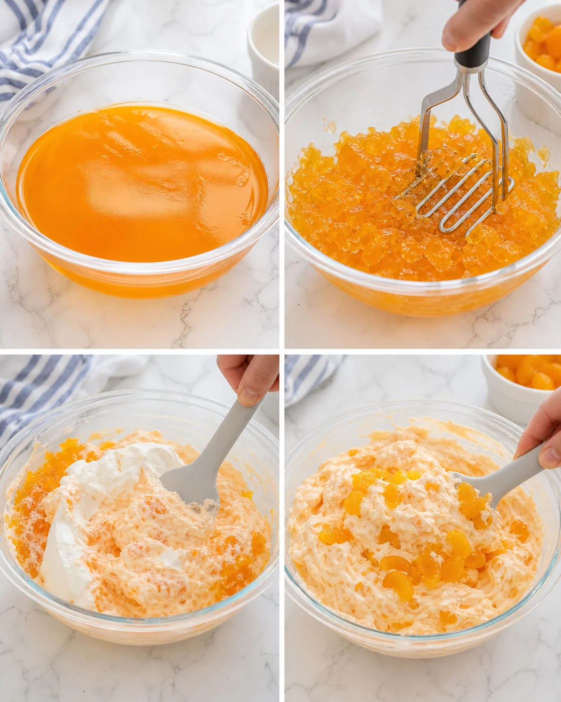 four-panel collage showing orange mousse preparation with mandarin segments in glass bowls