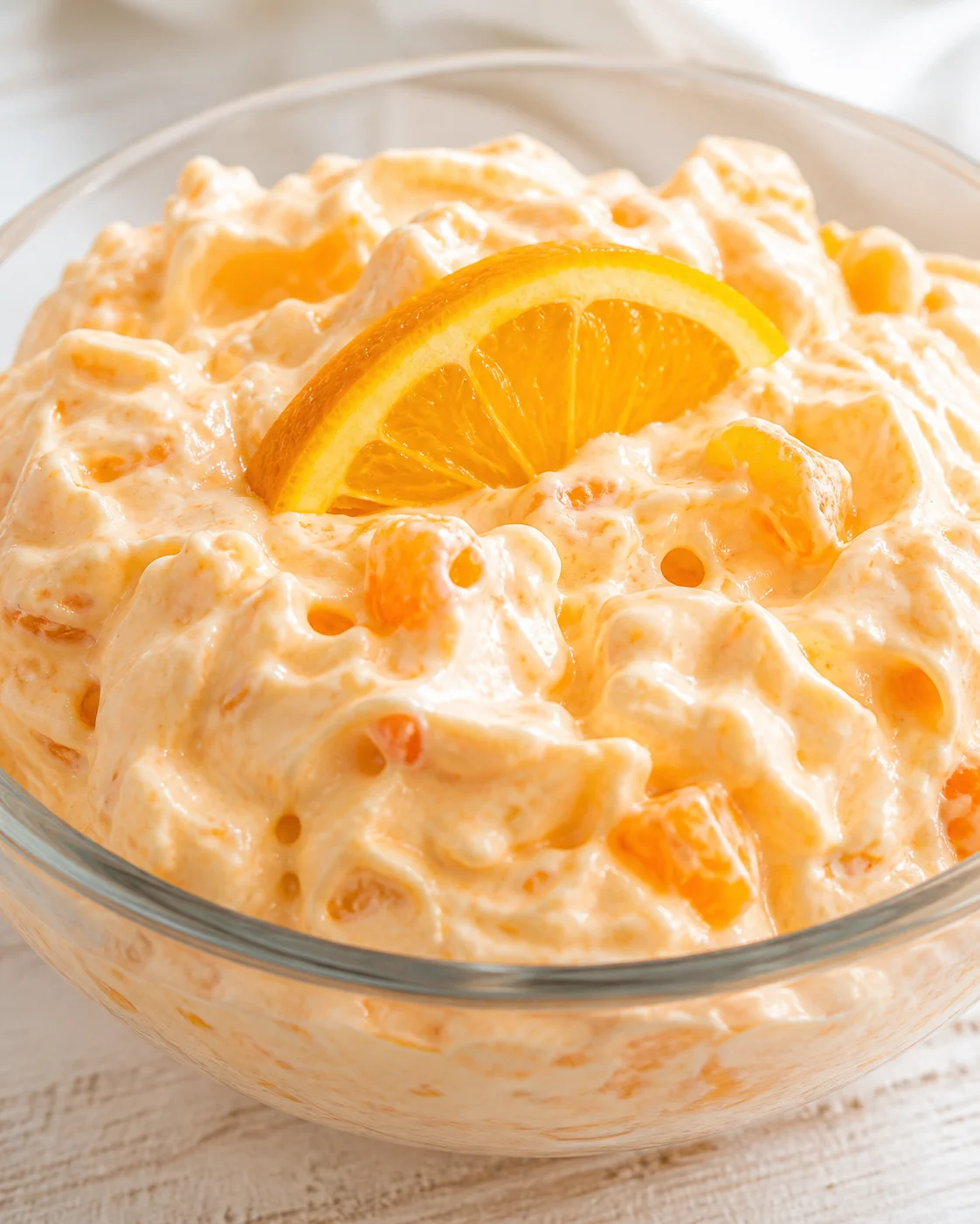 Creamy orange fruit salad in a glass bowl topped with an orange wedge