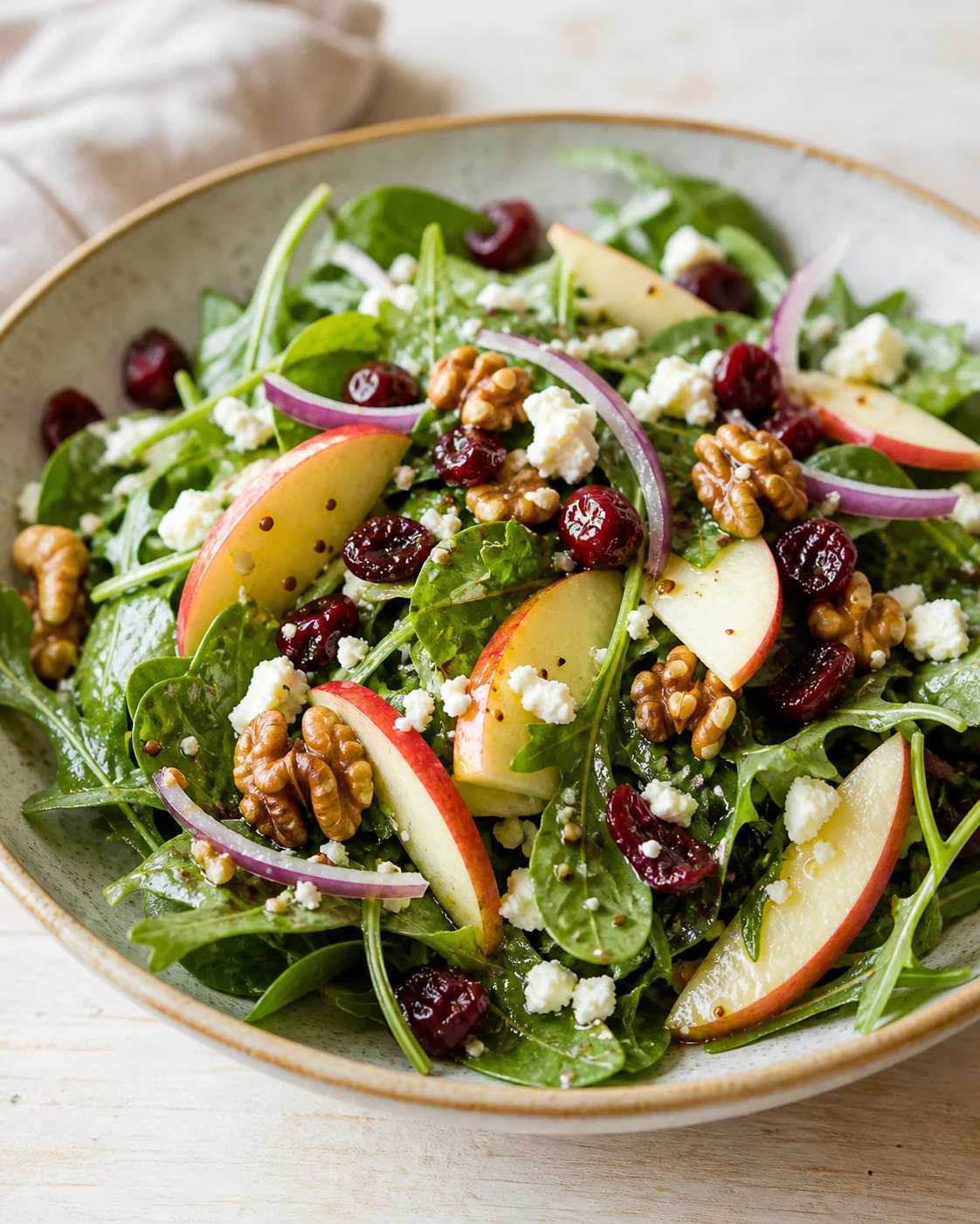 A vibrant bowl of arugula and spinach salad with apples, walnuts, cranberries, red onion, and feta.