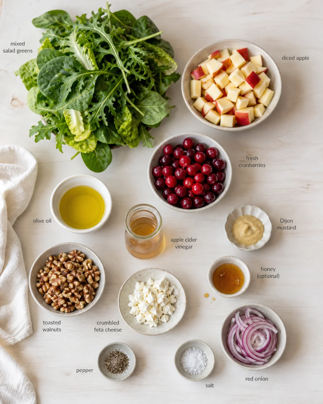 Top-down view of greens, diced apples, cranberries, and other salad ingredients arranged on a light surface