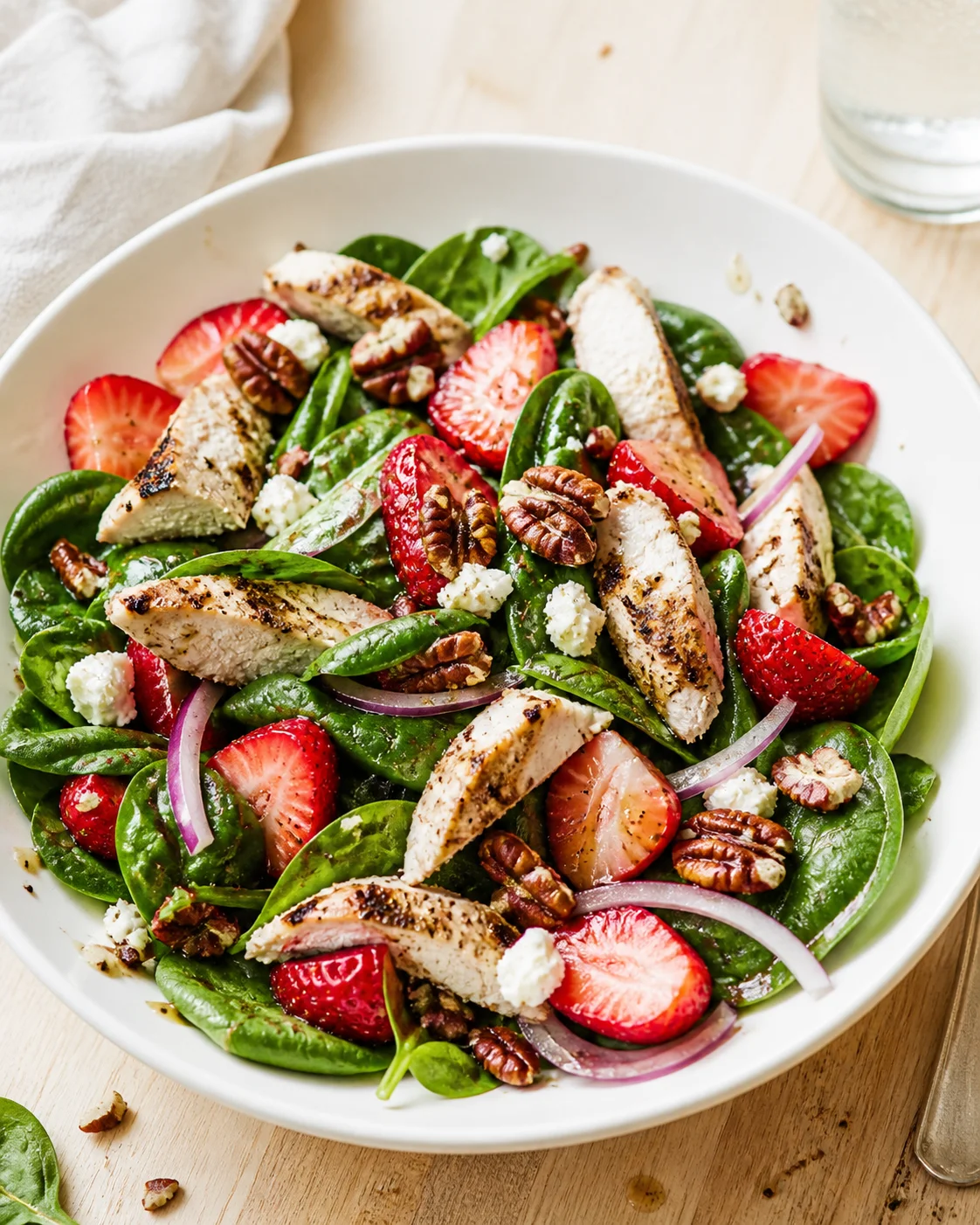Plated spinach salad with grilled chicken, strawberries, onions, pecans, and cheese