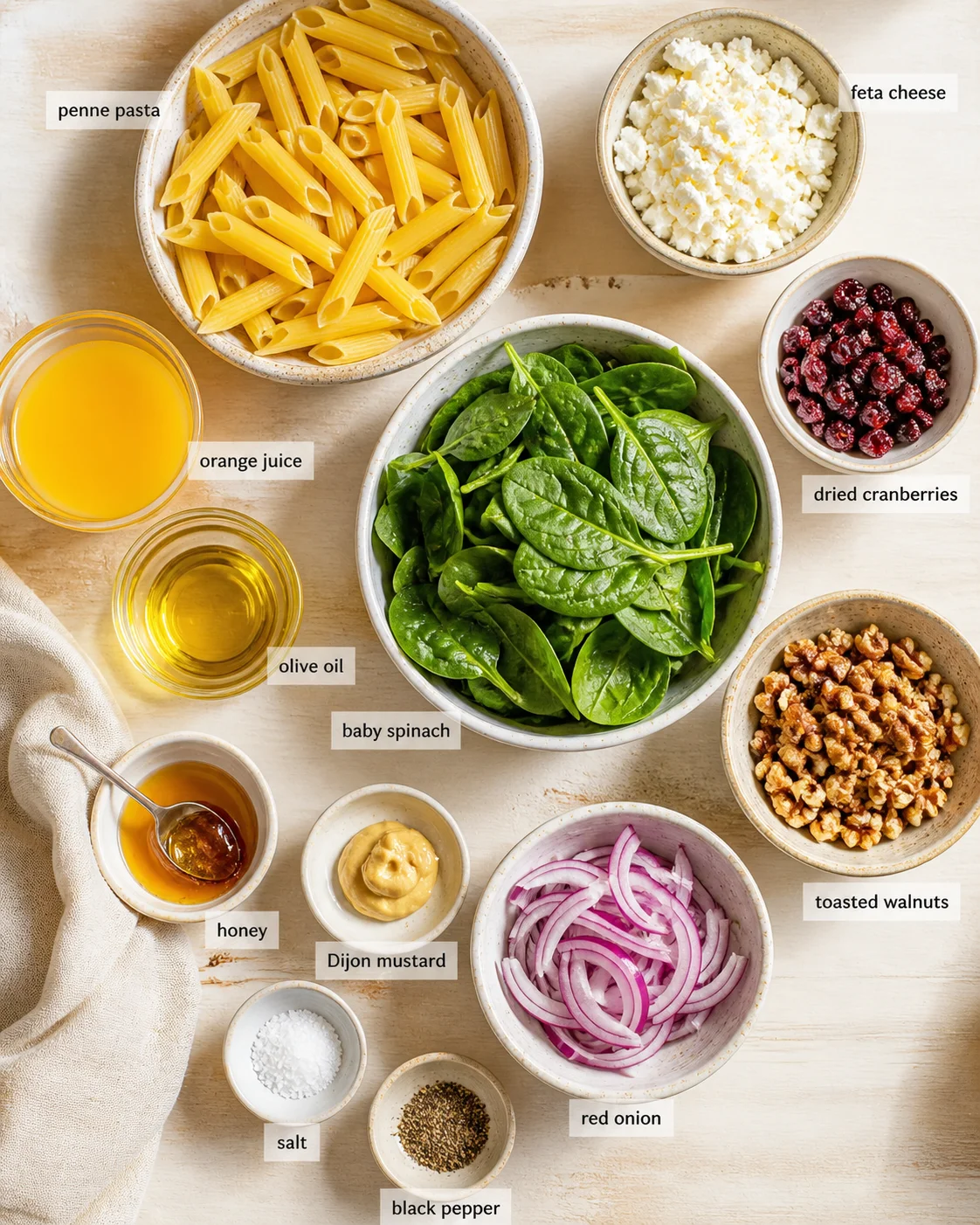 top-down view of ingredient bowls—penne pasta, spinach, feta, cranberries, walnuts, onions, and condiments on a light wooden surface