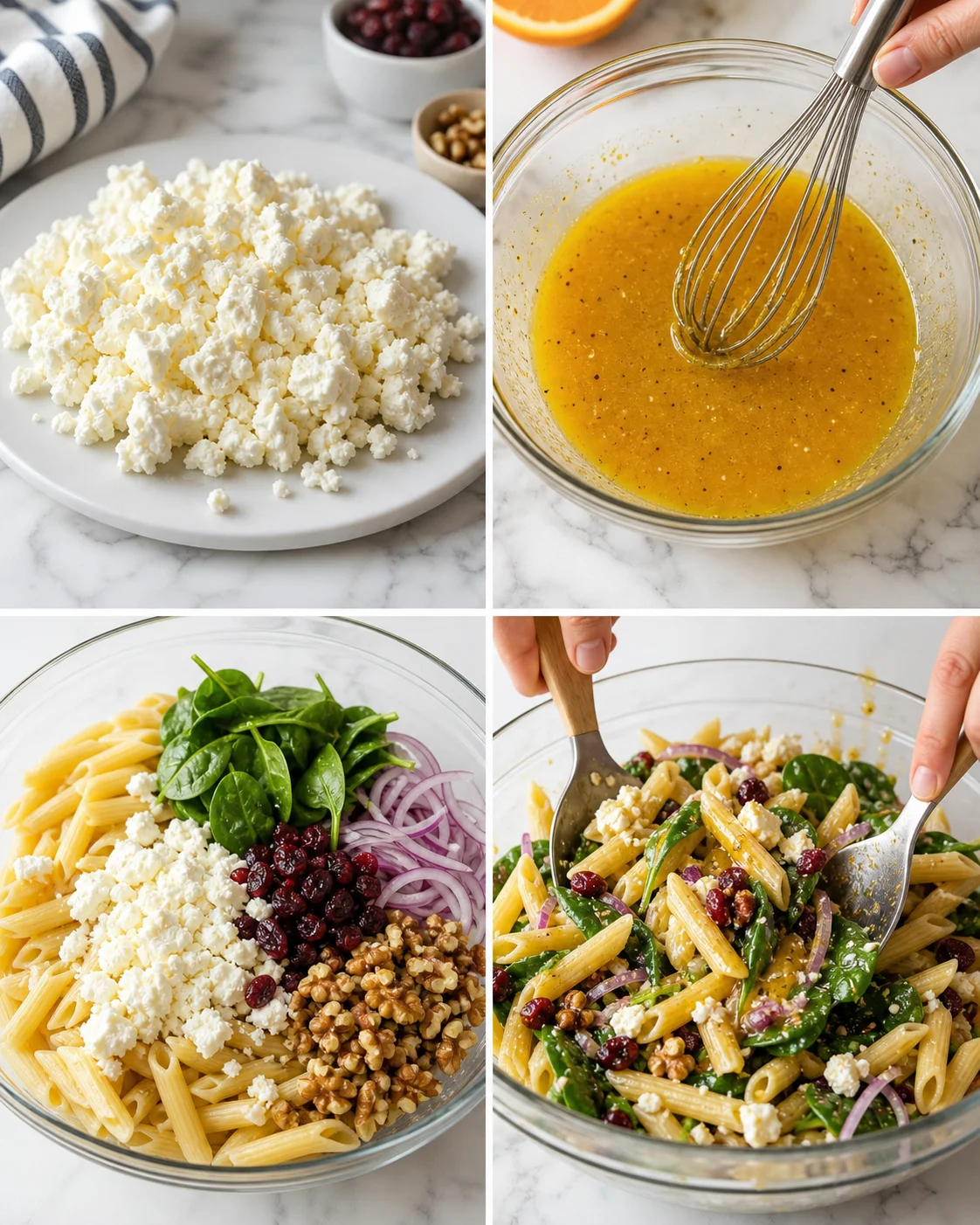 collage showing feta cheese, orange vinaigrette, spinach, cranberries, walnuts, and penne pasta ready for tossing.