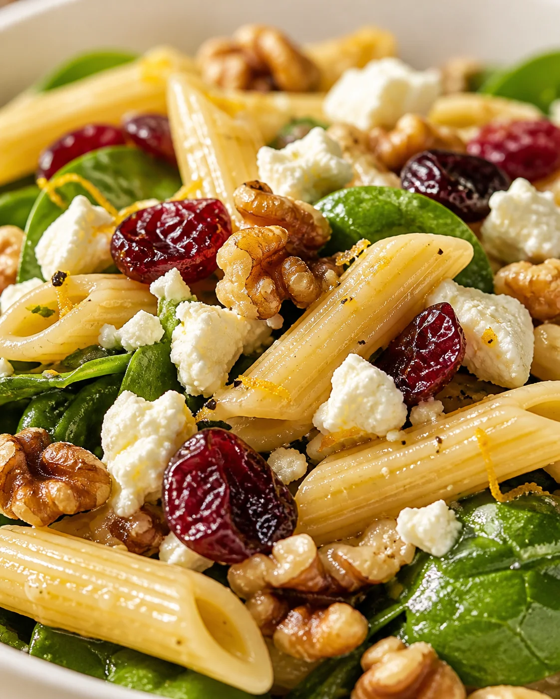 Close-up of penne pasta with spinach, feta, cranberries, and walnuts on a white plate