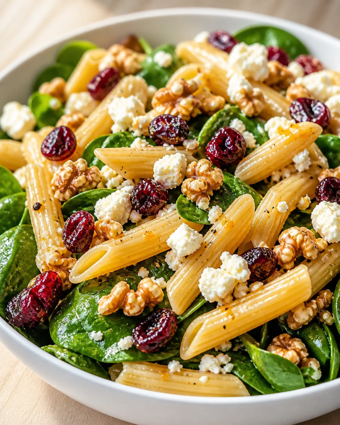 bowl of penne pasta with spinach, dried cranberries, feta, and walnuts