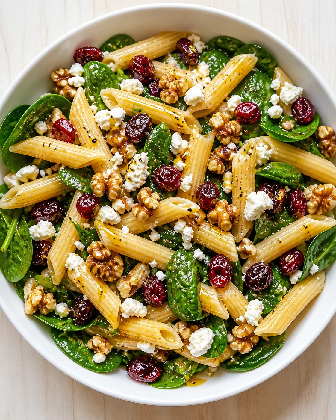 Penne pasta with spinach, walnuts, dried cranberries, and crumbled cheese in a white bowl.