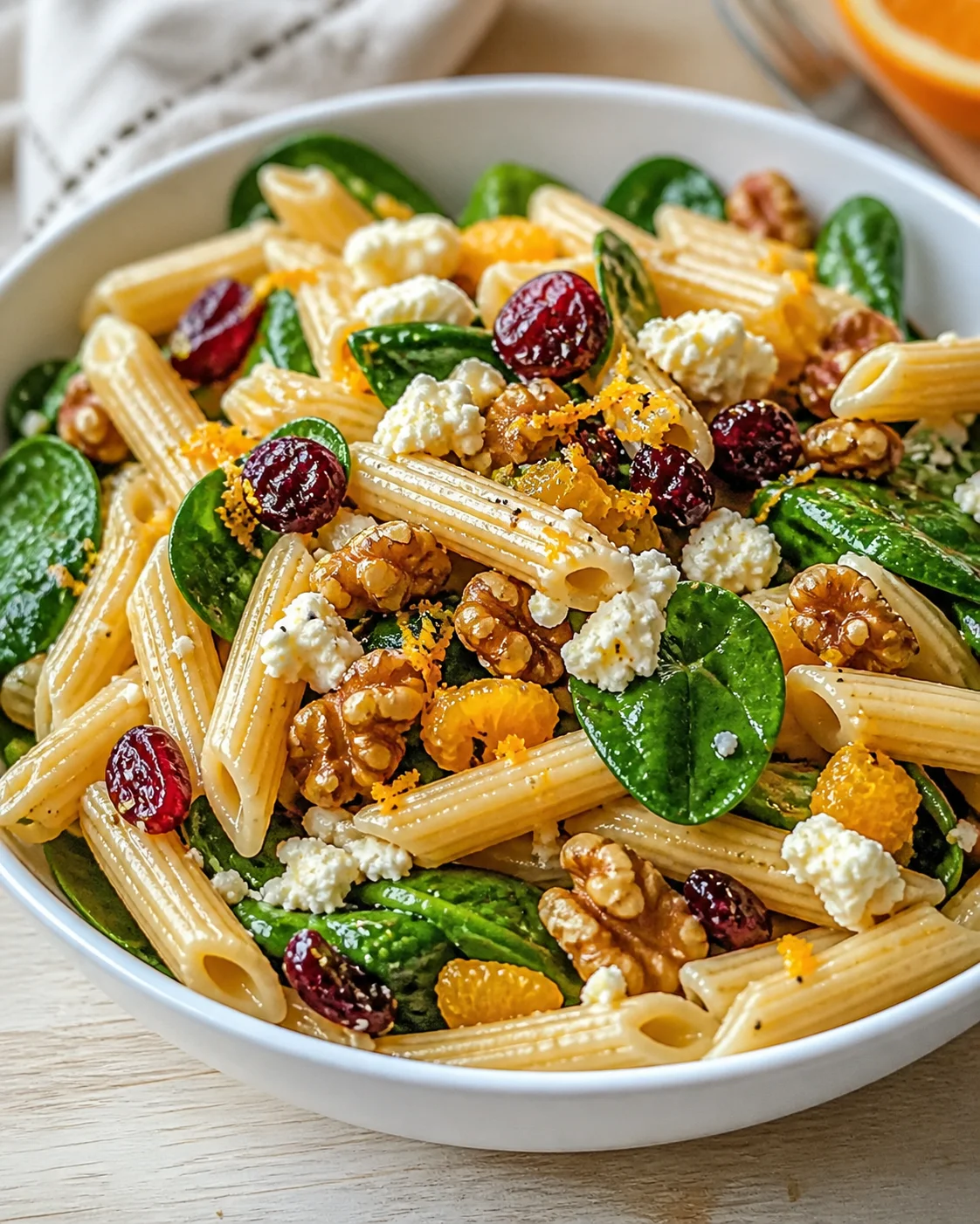 bowl of penne pasta with spinach, ricotta, walnuts, cranberries, and orange zest