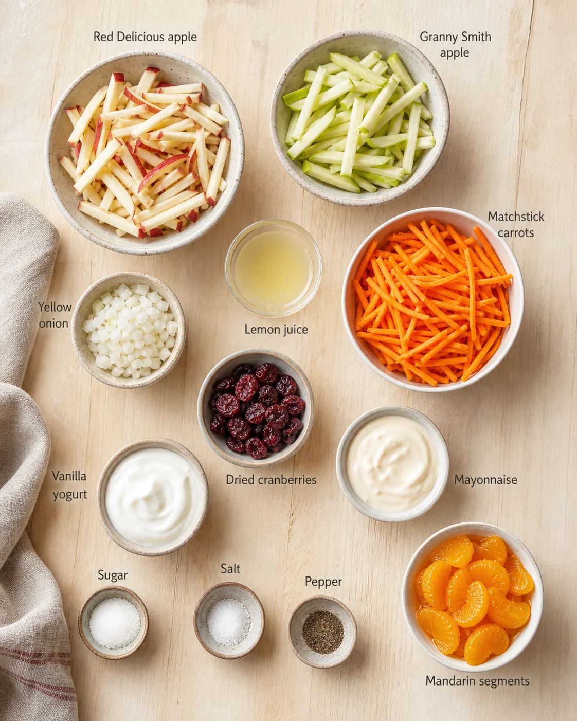 Top-down view of colorful ingredient bowls labeled for a salad on a wooden table.