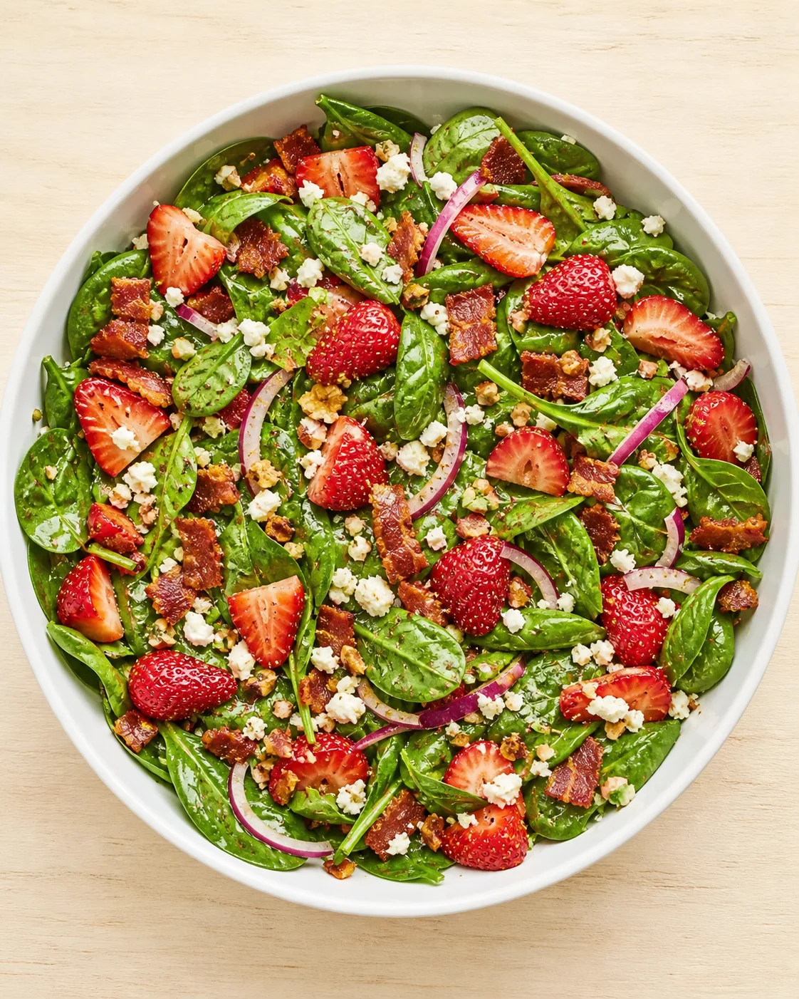 Top-down view of a white bowl filled with spinach, strawberries, feta, red onion, and bacon.