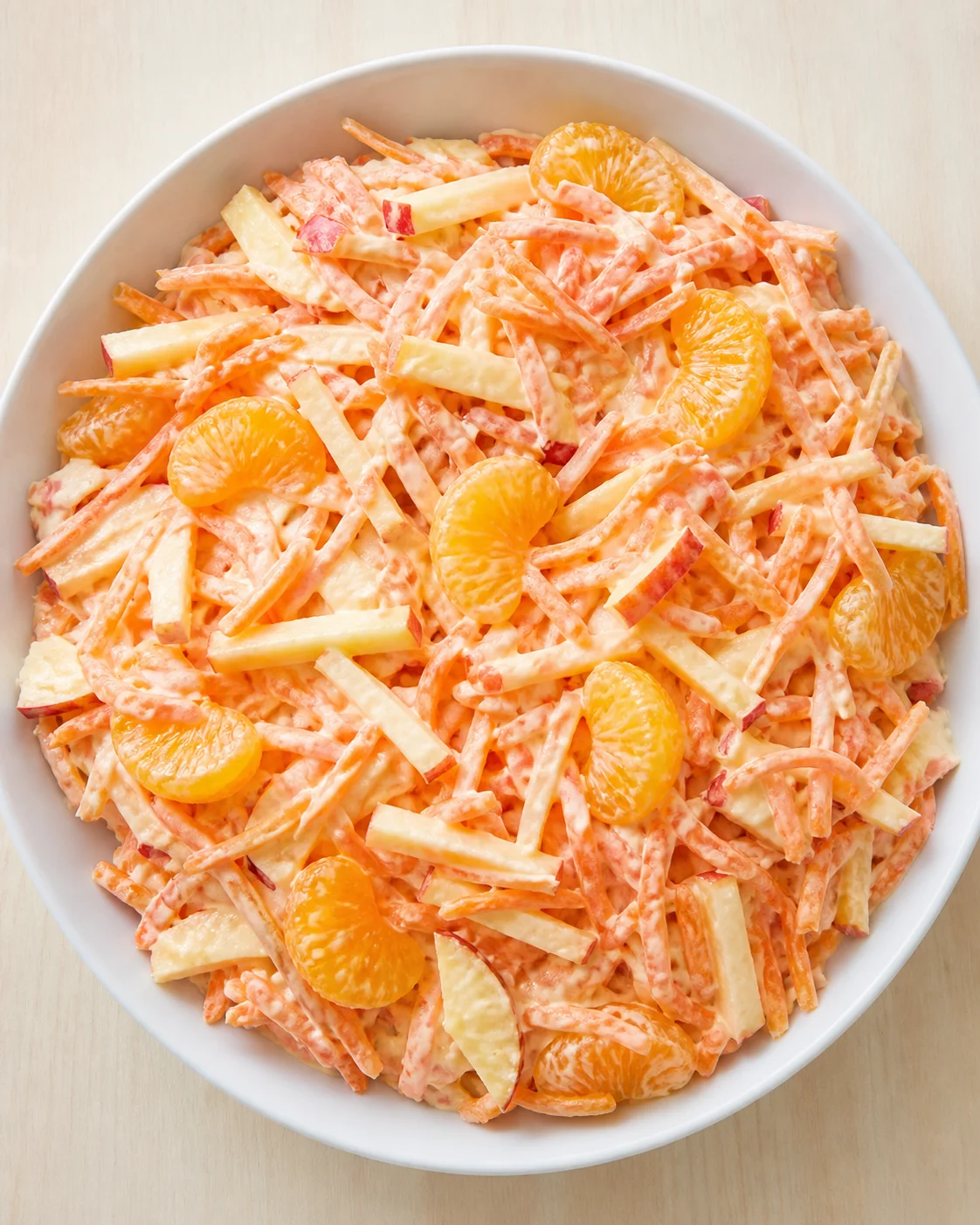 white bowl of creamy orange carrot salad with mandarin segments and apple slices