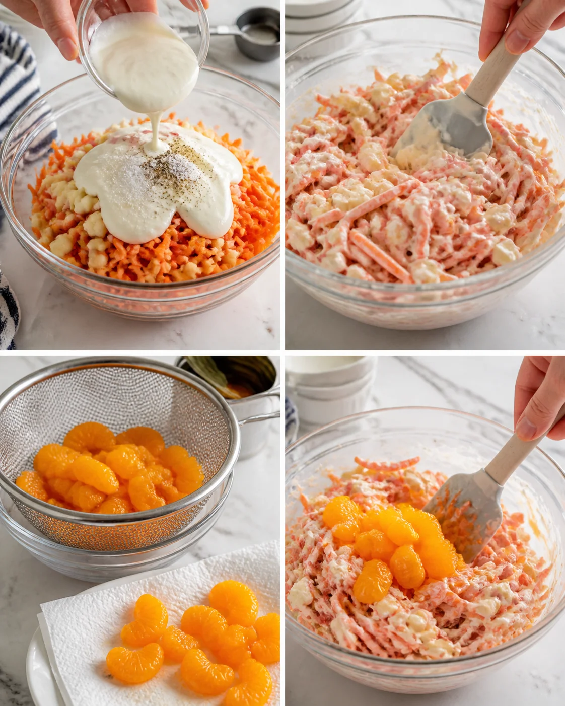 Hands pouring creamy dressing over shredded carrot and diced chicken in a glass bowl, pepper sprinkled.