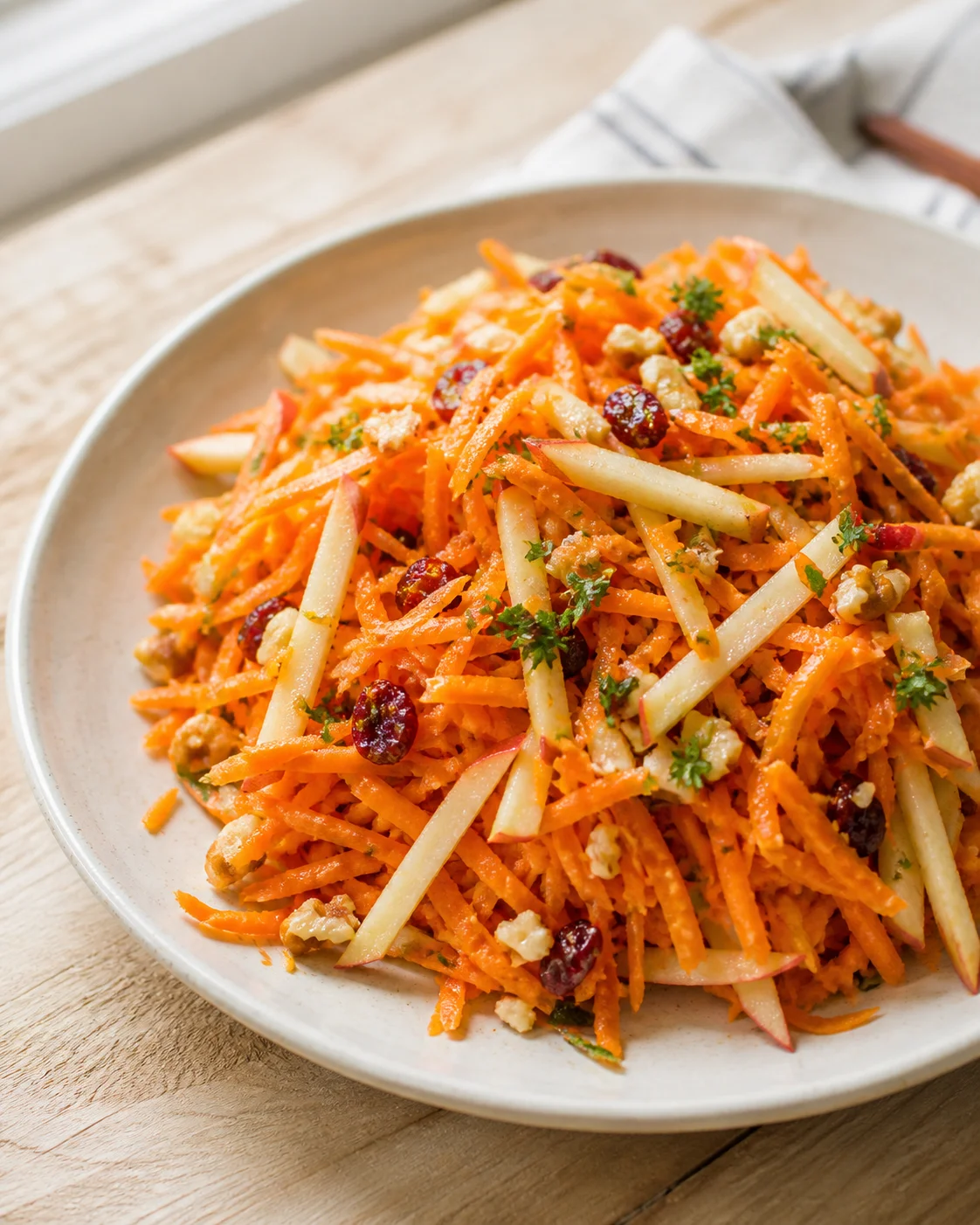 bowl of carrot slaw with apple sticks, dried cranberries, walnuts, and parsley