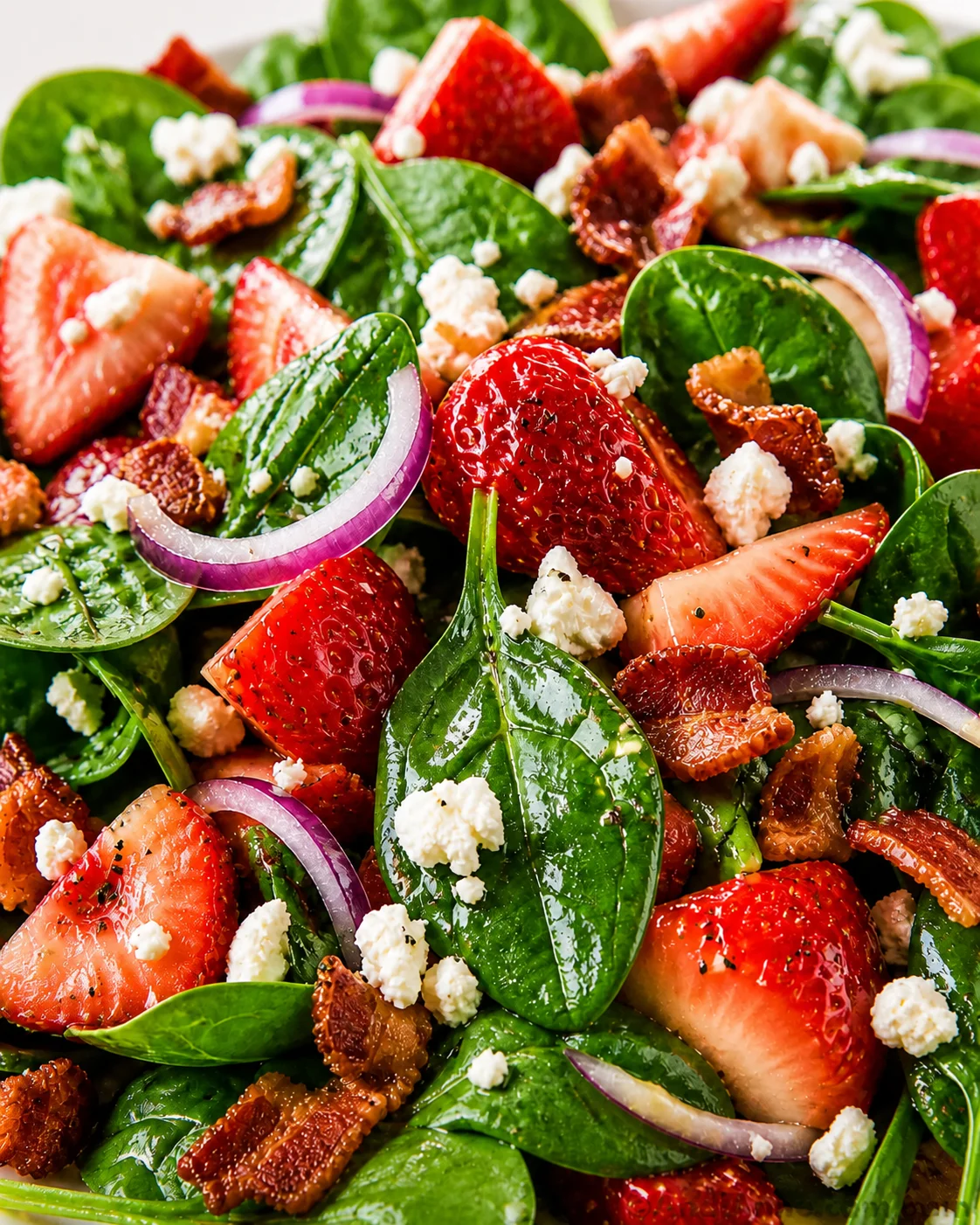 Close-up of a fresh strawberry spinach salad with red onion, cheese, and bacon bits