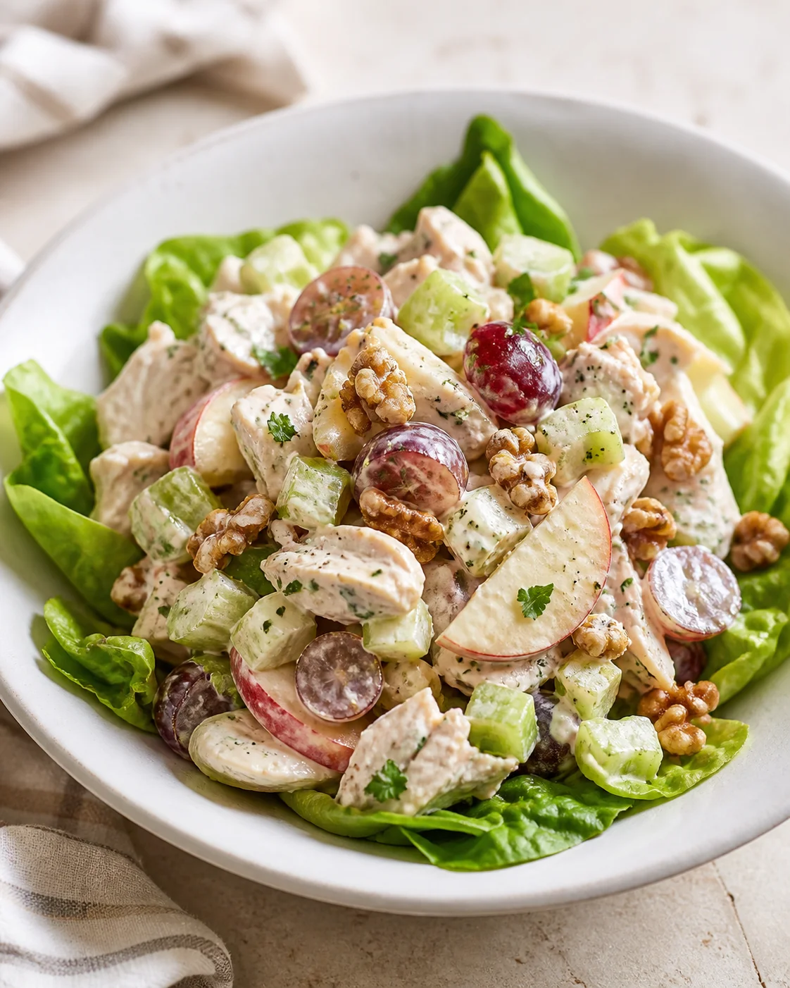 Creamy chicken salad with grapes, apples, walnuts on a bed of lettuce