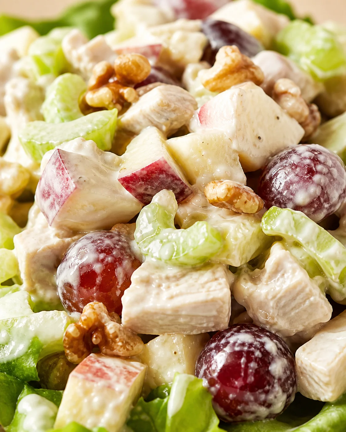 Close-up of creamy chicken Waldorf salad with grapes, apples, walnuts, and celery.
