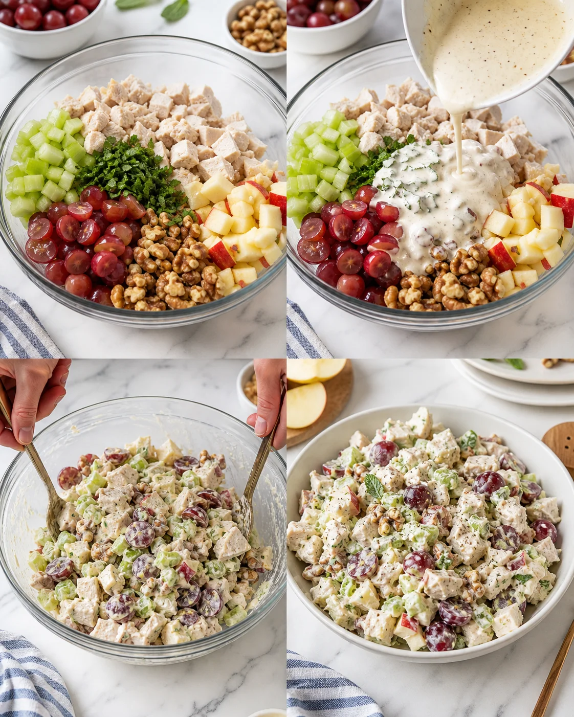 Collage of chicken salad ingredients and steps: diced chicken, celery, grapes, apples, walnuts, and creamy dressing.