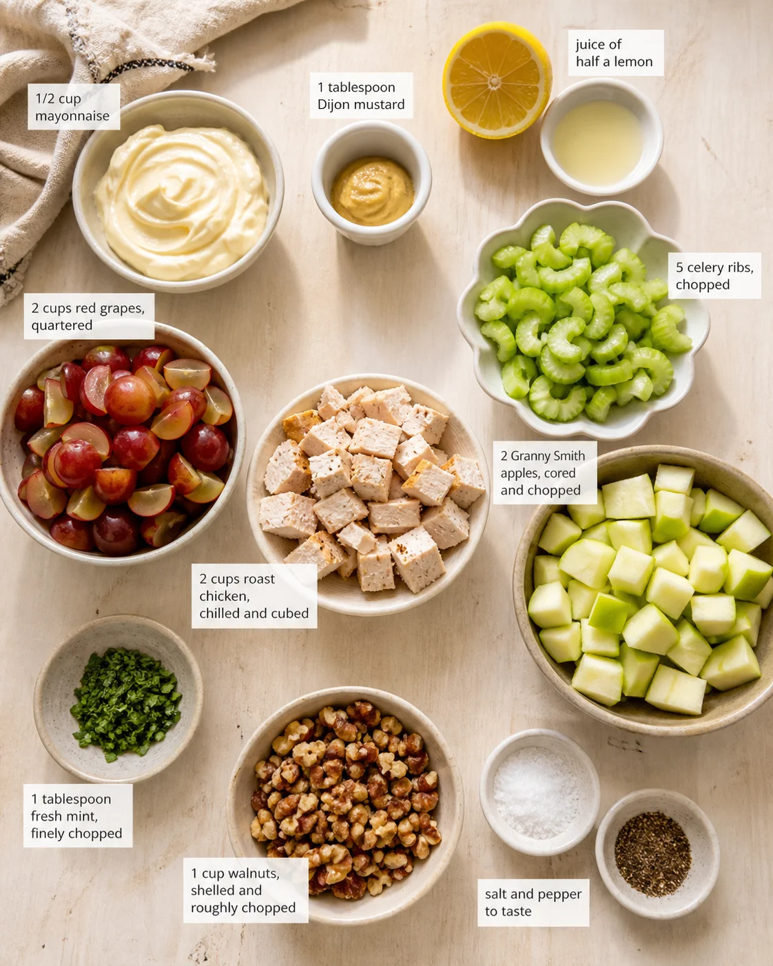 Top-down view of bowls with chicken, apples, grapes, celery, walnuts, and condiments.