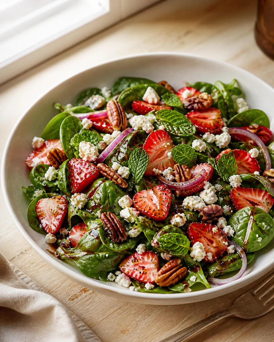 Bright bowl of strawberry, spinach, feta, pecans, and red onion on a light wooden table.
