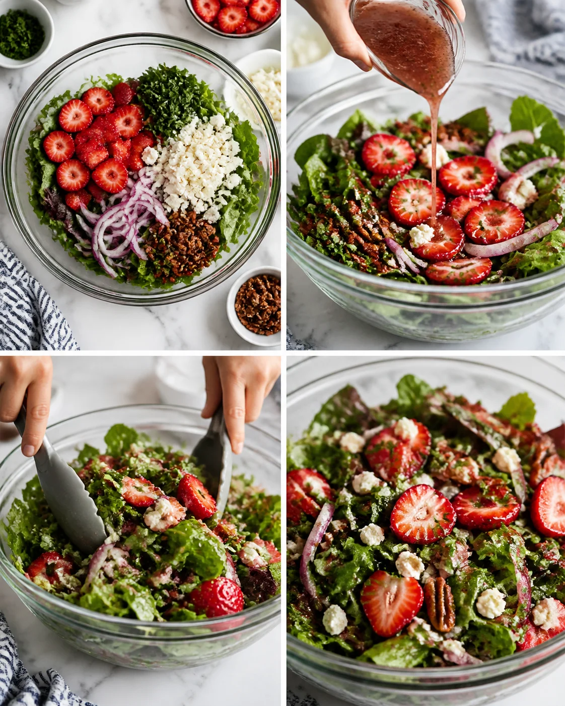 Collage of a strawberry salad being prepared: greens, onions, feta, strawberries, and pink dressing.