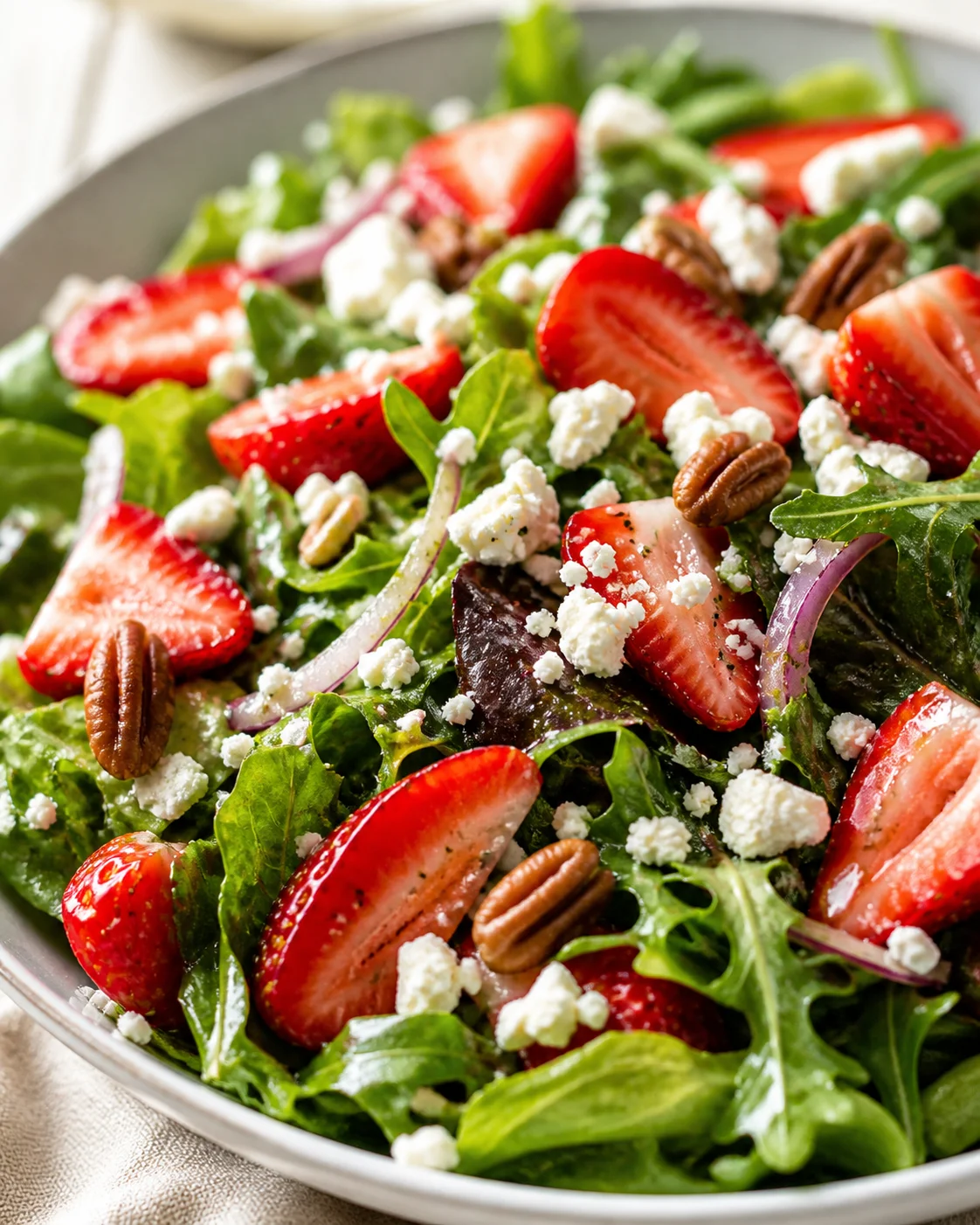 bowl of mixed greens topped with strawberry slices, feta crumbles, pecans, and red onion.
