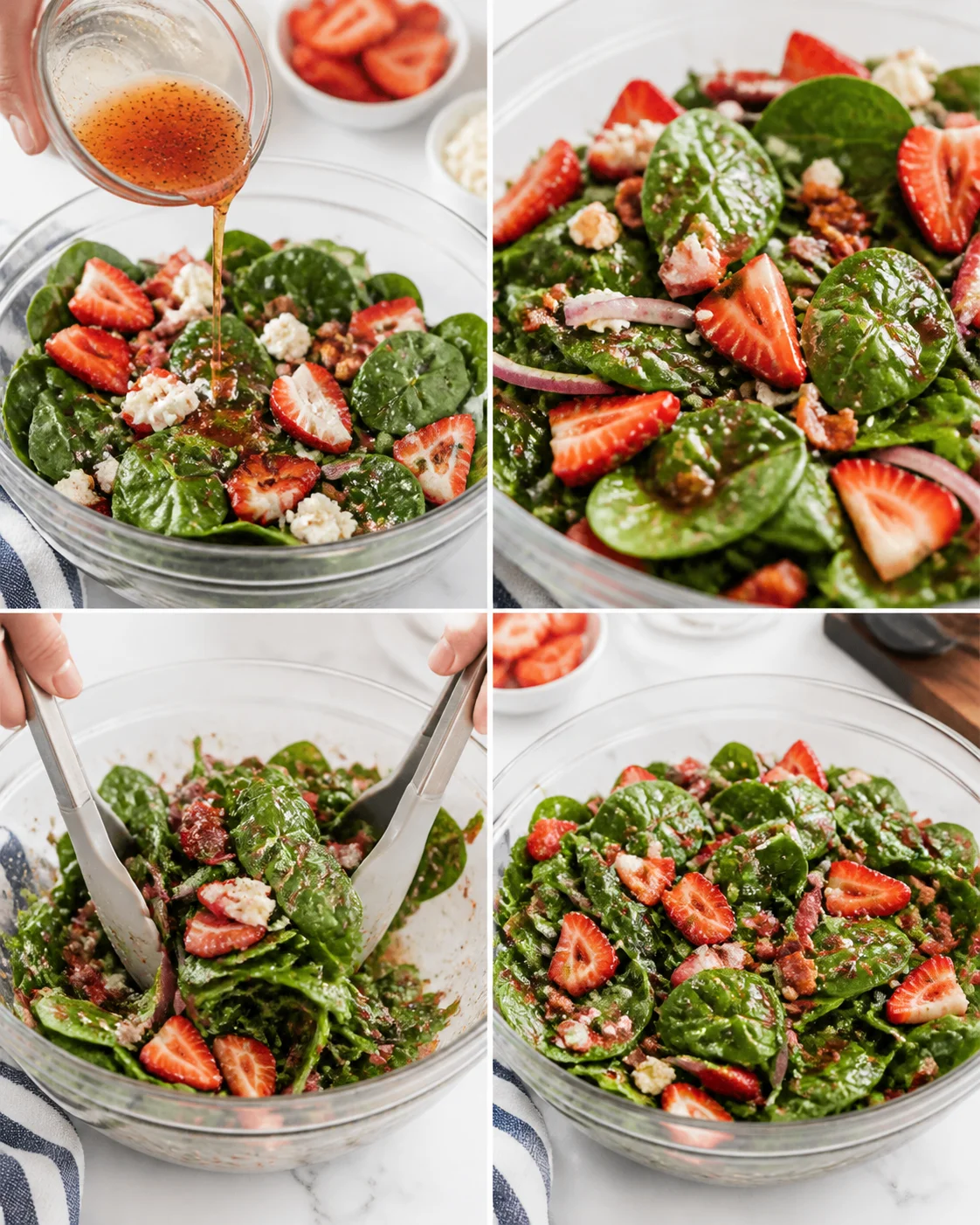collage of spinach salad with strawberries, crumbled cheese, walnuts, and honey being poured