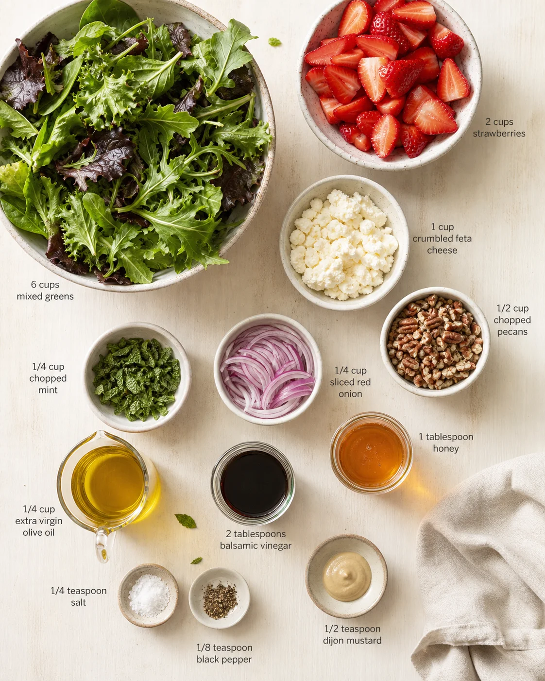 Overhead view of mixed greens, strawberries, feta, pecans, onion, mint, and dressings on a light wood background.