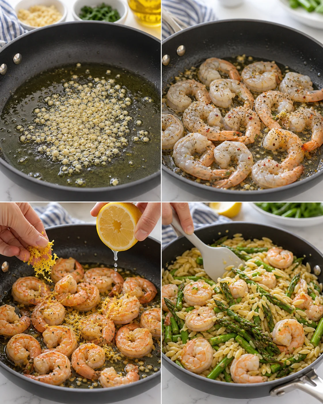 four-panel collage showing garlic sauté, shrimp cooking, lemon zest and juice, and shrimp pasta with asparagus