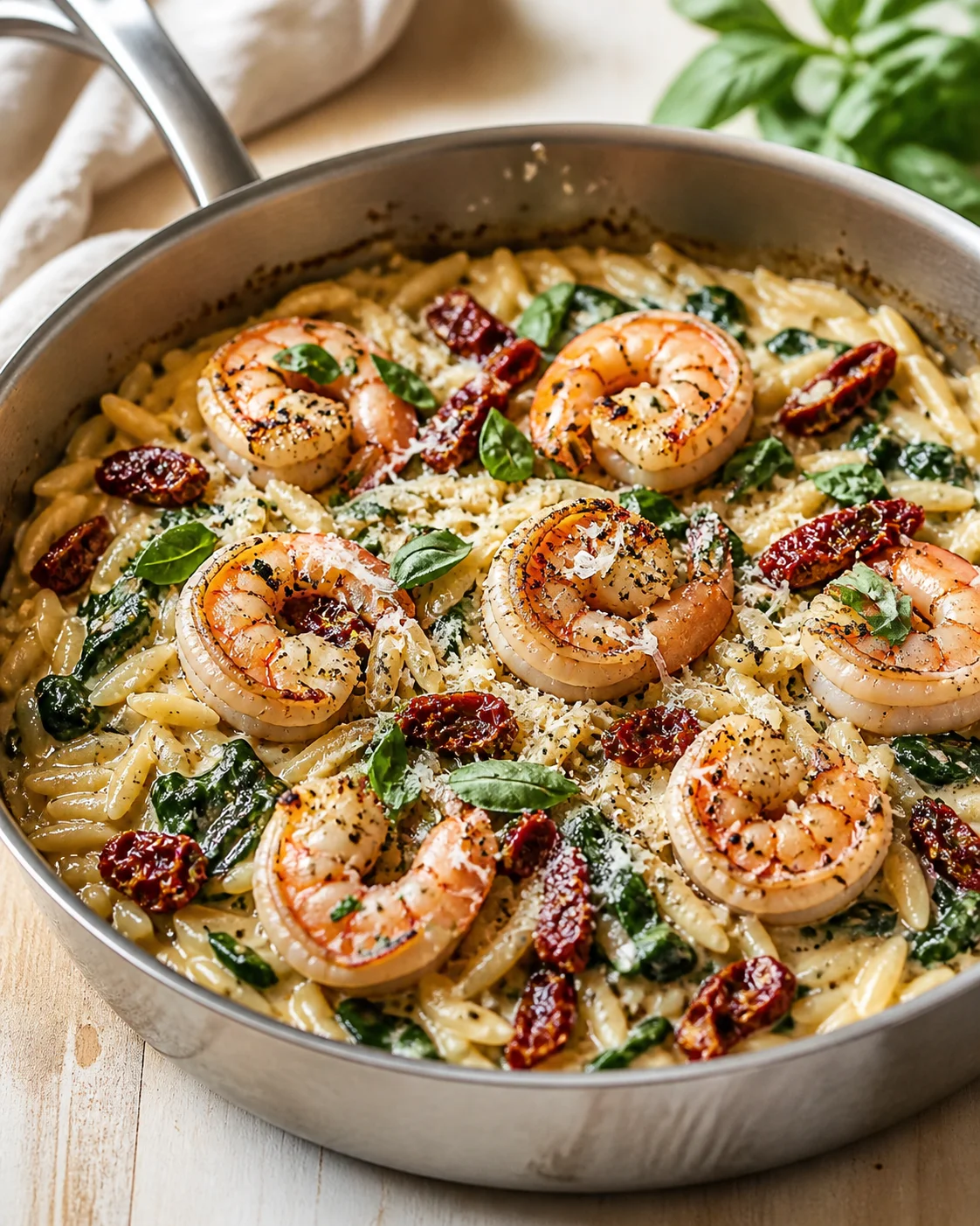 Creamy shrimp pasta in a skillet with sun-dried tomatoes, spinach, and basil.