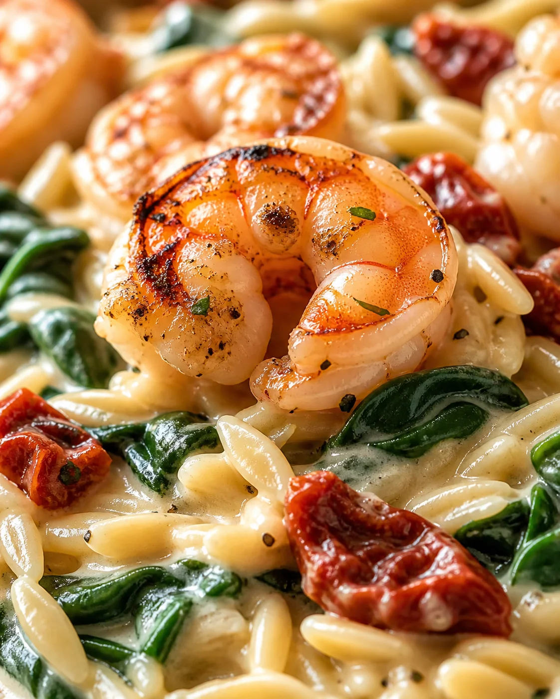 Close-up of creamy shrimp pasta with spinach and sun-dried tomatoes.