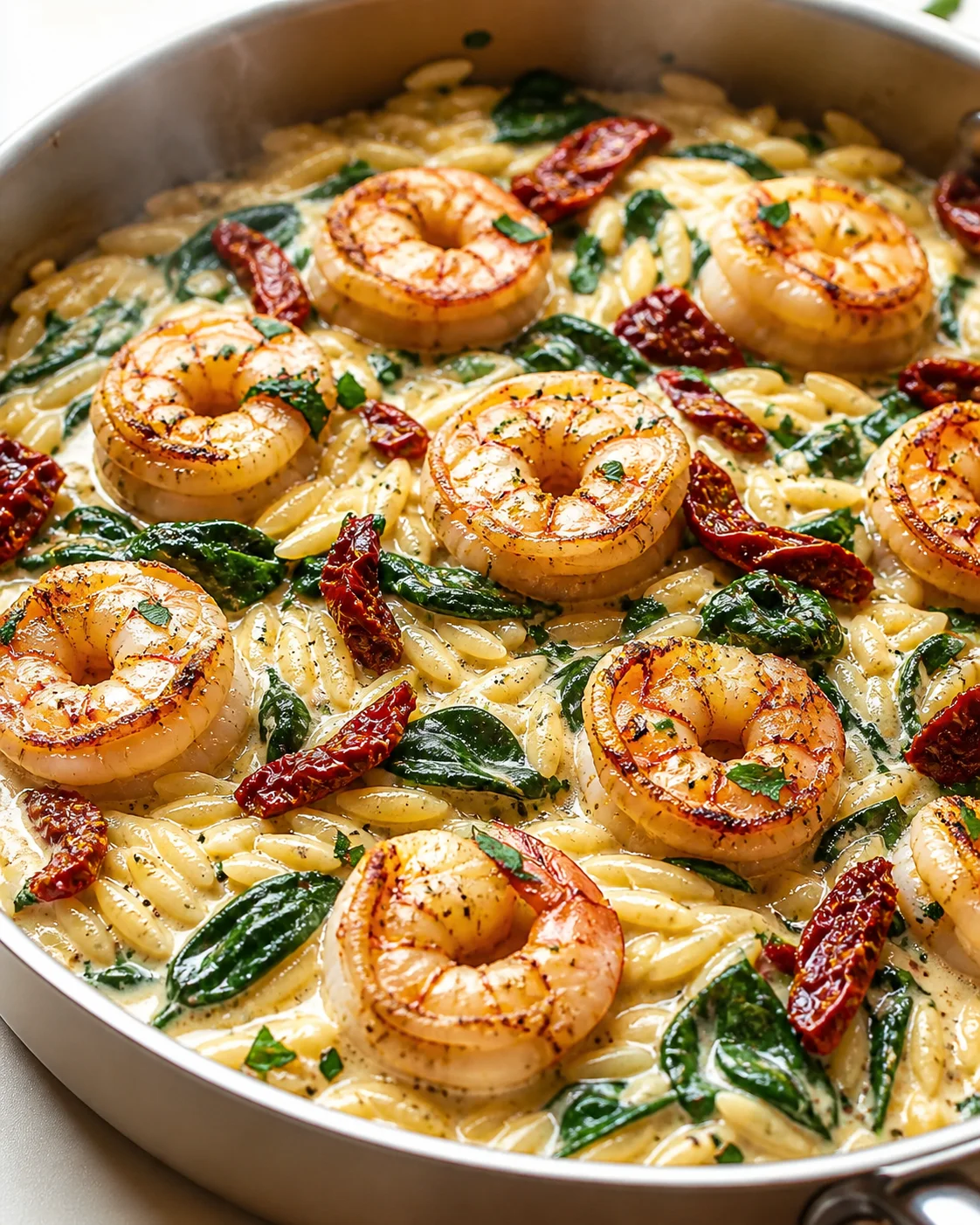 Creamy shrimp pasta in a skillet, topped with grilled shrimp, spinach, and sun-dried tomatoes.