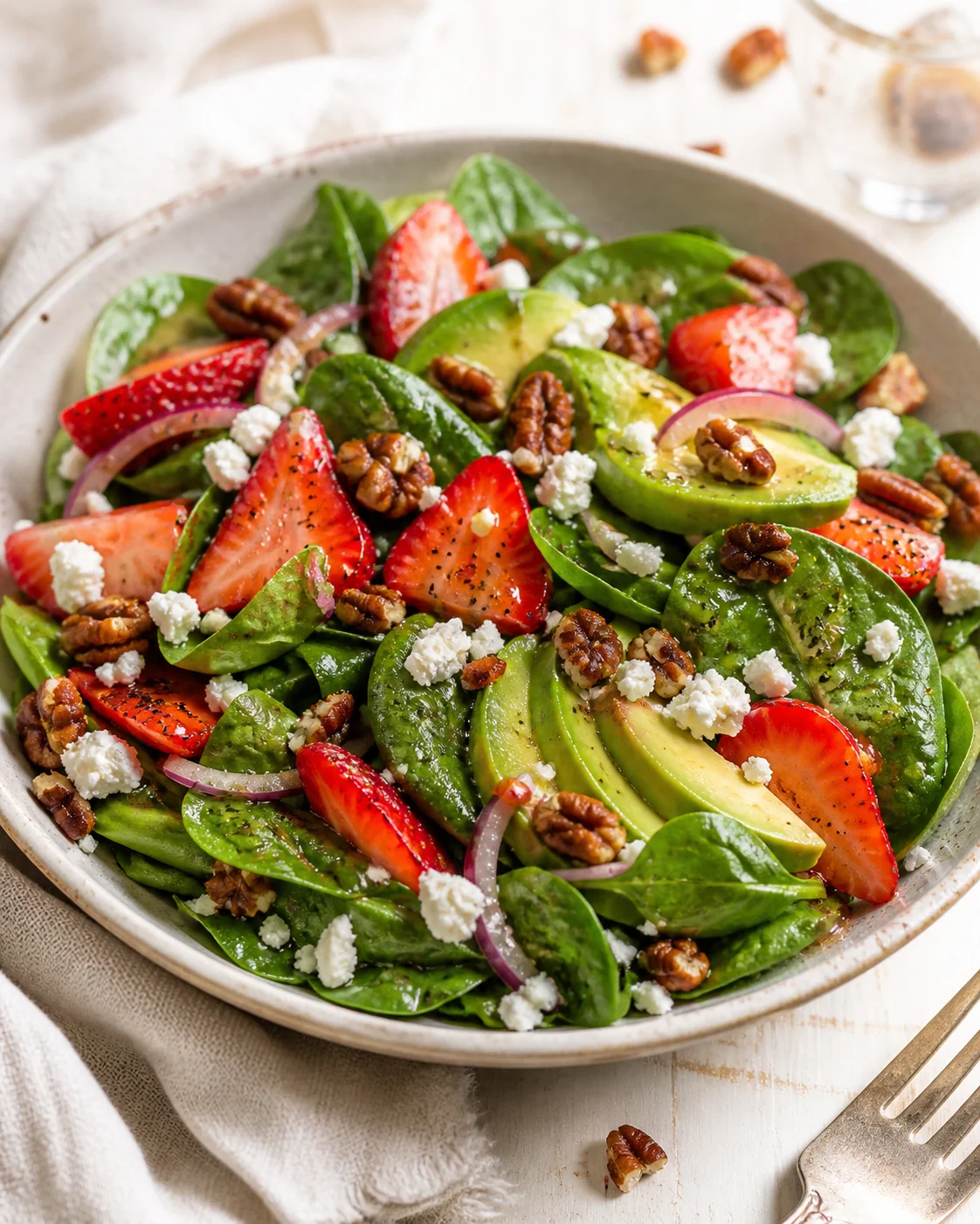 Fresh spinach salad with avocado, strawberries, red onion, walnuts, and crumbled cheese.