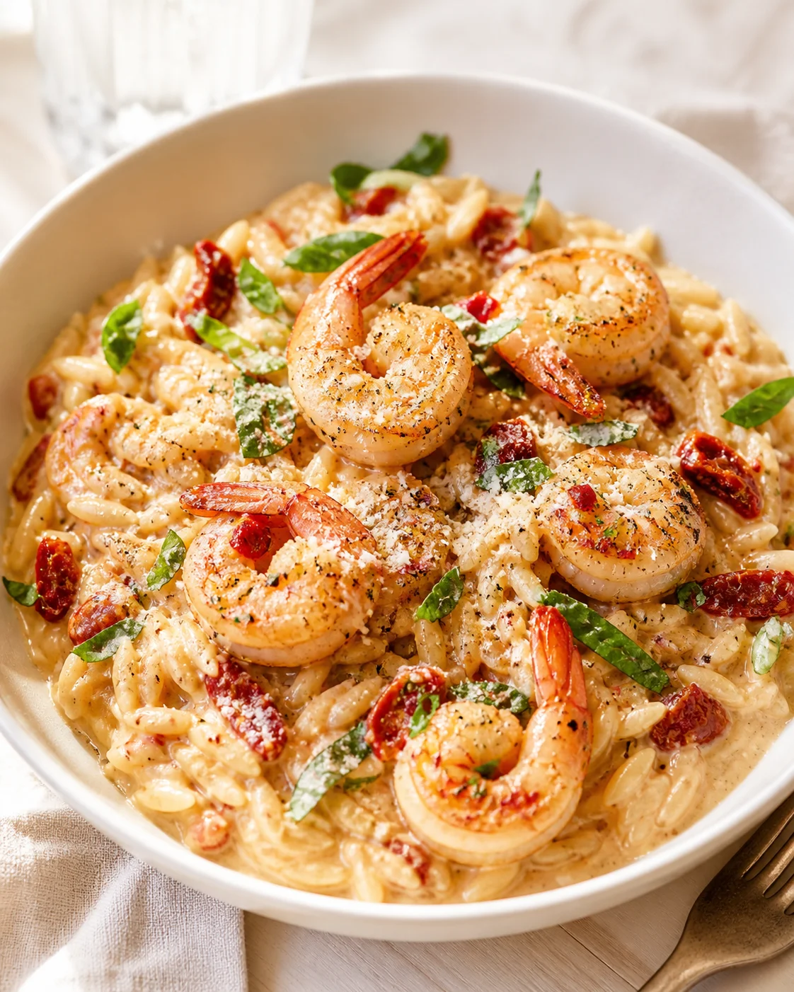 Creamy shrimp pasta in a white bowl, topped with basil and sun-dried tomatoes.